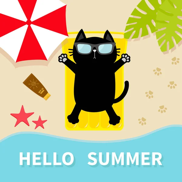 Μαύρη γάτα ηλιοθεραπεία στην παραλία — Διανυσματικό Αρχείο