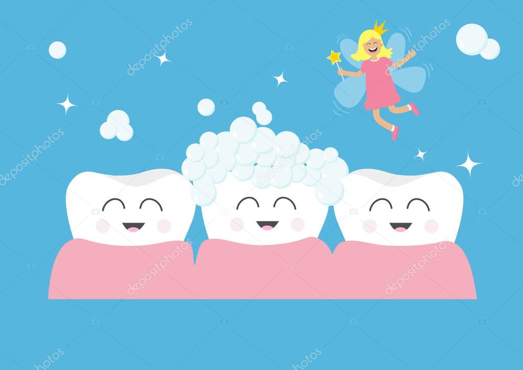 Three happy teeth with fairy