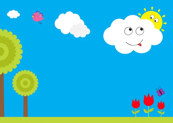 Paysage avec nuages arbres et fleurs — Image vectorielle