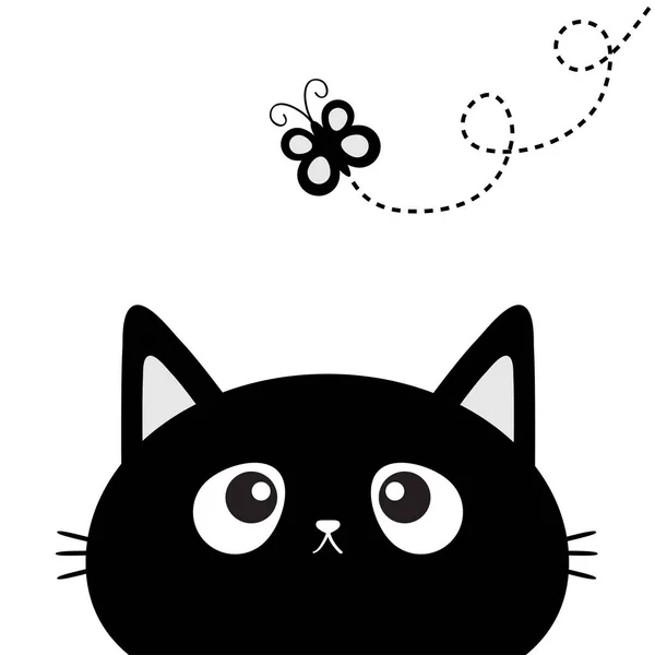 Черная кошка смотрит на насекомое-бабочку — стоковый вектор