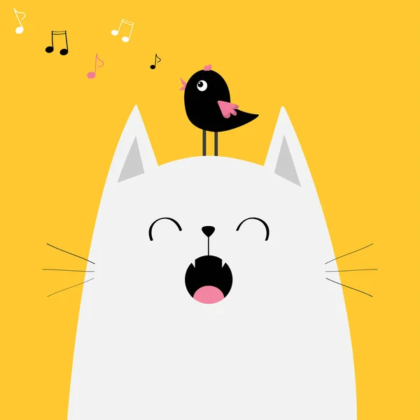Gatto bianco con uccello sulla testa — Vettoriale Stock