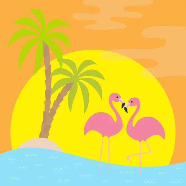 Roze flamingo's permanent in de buurt van eiland — Stockvector