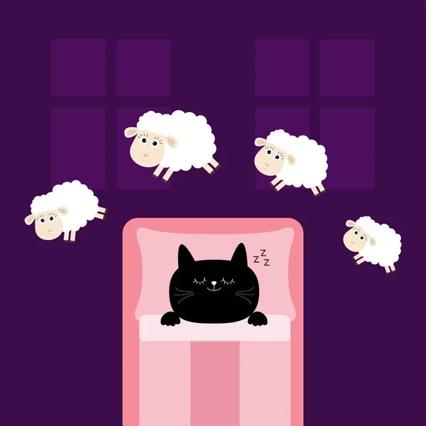 Милый спящий котенок с прыгающими овцами — стоковый вектор