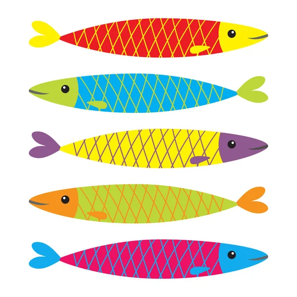Zestaw ikon kolorowych ryb sardynek — Wektor stockowy