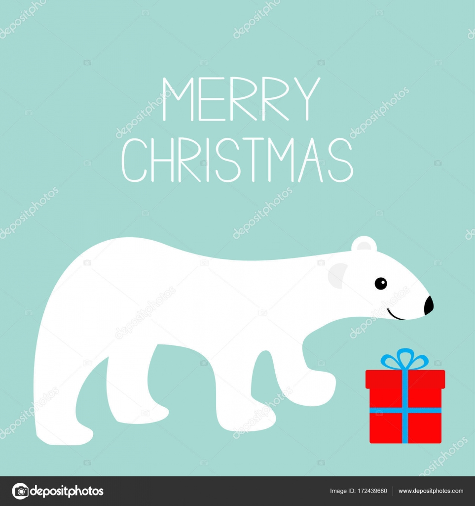 Merry Christmas tekst Arktyczny NiedÅºwiadek polarny PudeÅ‚ko obecny Cute baby kresk³wka Czerwone pudeÅ‚ko z kokardÄ… KartkÄ™ z Å¼yczeniami