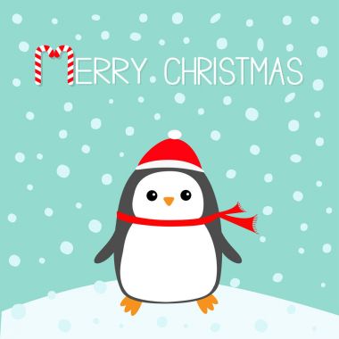 Rüzgârla oluşan kar yığını üzerinde Kawaii penguen kuş. 