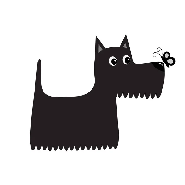 Chien Noir Écossais Terrier Regardant Insecte Papillon Illustration Vectorielle — Image vectorielle