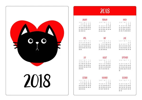 Calendario Bolsillo 2018 Año Con Gato Negro Vector Ilustración — Archivo Imágenes Vectoriales