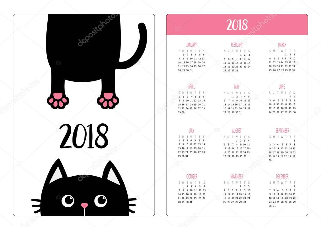 Pocket calendar 2018 year with black cat, vector illustration