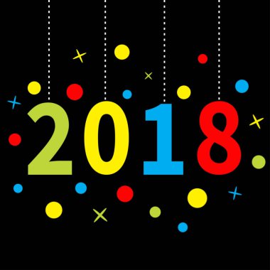 2018 yeni yıl. Metin kesik çizgi ile renkli noktalar ve parlayan, yıldız vektör çizim asılı