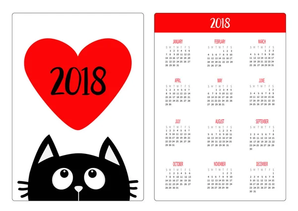Kapesní Kalendář Roku 2018 Kočkou Vektorové Ilustrace — Stockový vektor
