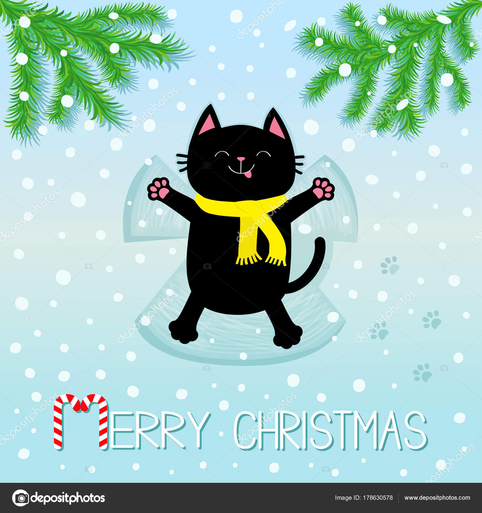 圣诞快乐黑笑猫躺在后面做雪天使移动的爪子枝云杉可爱卡通有趣的字符爪打印轨道平面设计蓝色雪花背景图库矢量图©worldofvector 178630578, image size:1600x1700