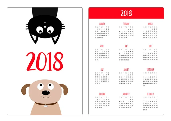 Calendário Bolso 2018 Ano Semana Começa Domingo Dog Cat Cabeça — Vetor de Stock