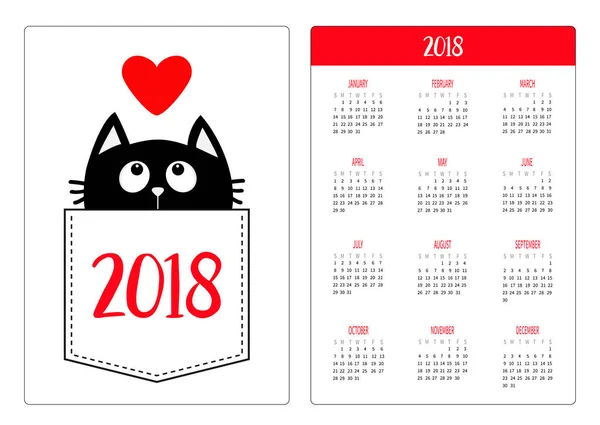 Calendário Bolso 2018 Ano Semana Começa Domingo Gato Preto Bolso — Vetor de Stock