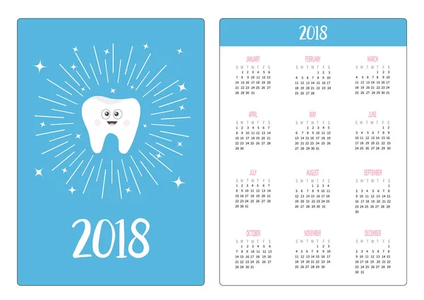 Taschenkalender 2018 Jahr Die Woche Beginnt Sonntag Gesundes Zahnsymbol Lächelndes — Stockvektor