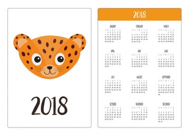 Cep takvim 2018 yıl. Haftası Pazar günü başlar. Jaguar leopar kafa. Vahşi kedi yüzü gülüyor. Turuncu Panter nokta ile. Sevimli çizgi film karakteri. Bebek hayvan koleksiyonu beyaz arka plan. Düz tasarım vektör