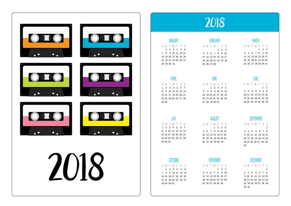 Calendario Bolsillo 2018 Año Semana Comienza Domingo Casetes Cinta Audio — Vector de stock
