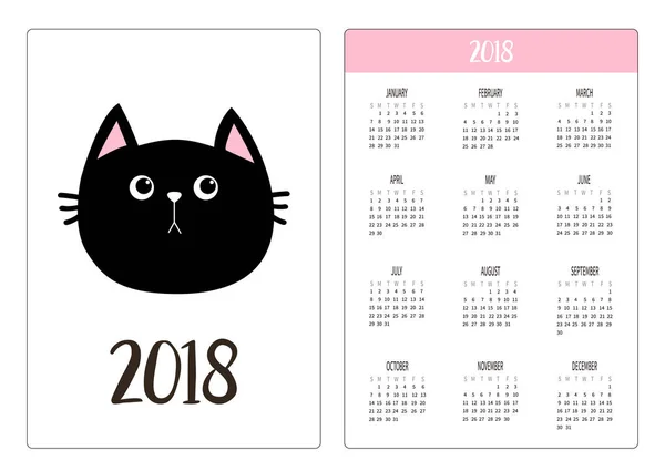 Pocket Calendar 2018 Year Week Starts Sunday Black Cat Head — Stock Vector