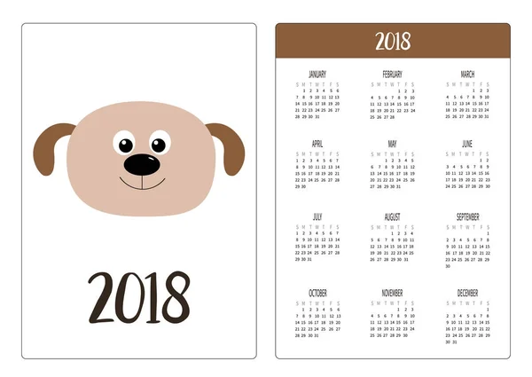 Calendario Bolsillo 2018 Año Semana Comienza Domingo Perro Cachorro Cabeza — Archivo Imágenes Vectoriales