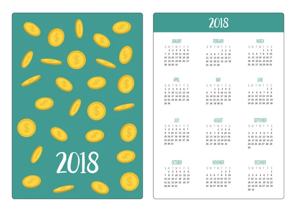 Карманный Календарь 2018 Года Неделя Начинается Воскресенье Набор Иконок Golden — стоковый вектор