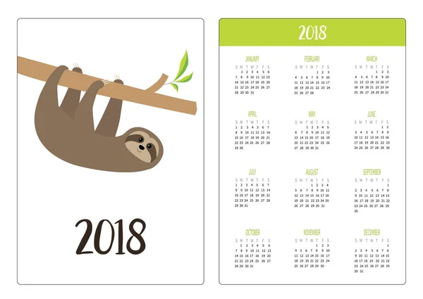 Карманный Календарь 2018 Года Неделя Начинается Воскресенье Ленивец Висит Ветке — стоковый вектор