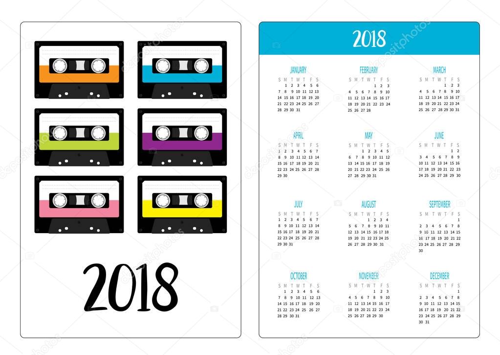 Pocket calendar 2018 year. Week starts Sunday. Plastic audio tape cassettes. Retro music icon set. Recording element. 80s 90s years. Different colors. Flat design. White background. Vector illustration