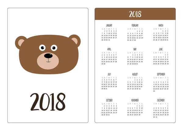 Vektor Illustration Design Des Taschenkalenders 2018 Jahr Mit Bär Grizzly — Stockvektor