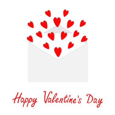 Kırmızı kalpler uçan ile zarf. Açık kağıt mektup. Mutlu Sevgililer günü kartı. Beyaz izole.