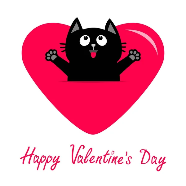 Zwarte Kat Whant Omarmen Groot Hart Happy Valentijnsdag Kaart Geïsoleerd — Stockvector