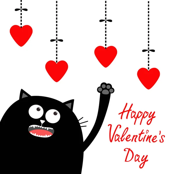 Valentines Day Card Black Cat Looking Hanging Red Hearts Vector — Stock Vector