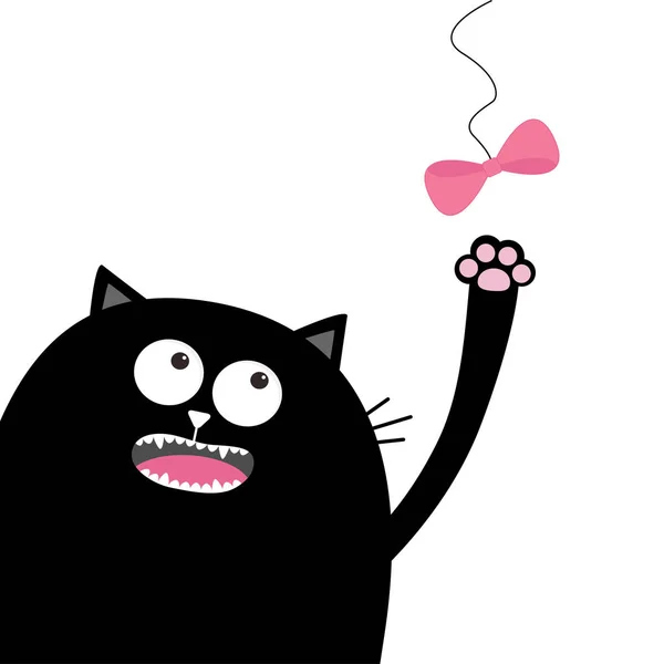 Black Cat Head Looking Pink Bow Hanging Thread Vector Illustration — Stock Vector