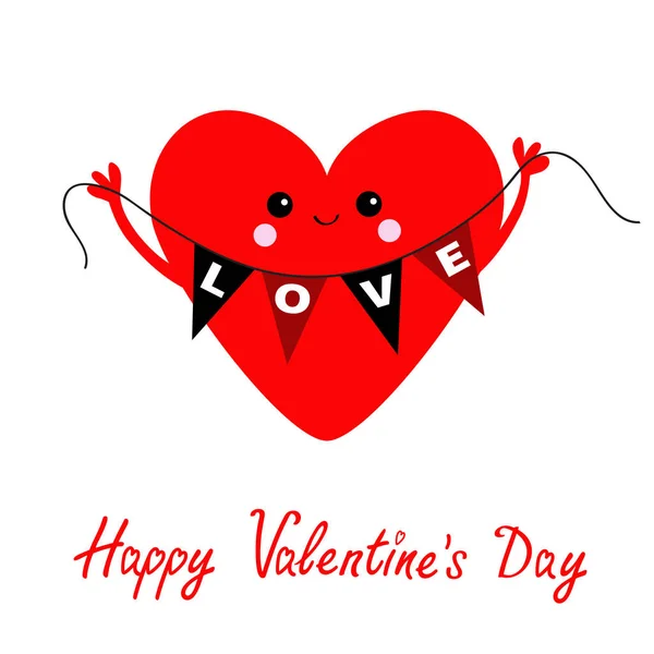 Happy Valentines Day Card Cute Red Heart Holding Bunting Flag — Stock Vector