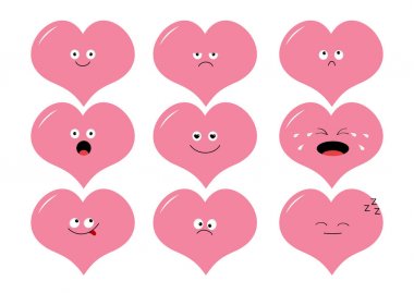Sevimli kalp şekli emoji ayarlayın. Komik kawaii çizgi film karakterleri. Duygu koleksiyonu. Mutlu, şaşırmış, gülümseyerek, ağlıyor, üzgün kızgın pembe yüz baş. Beyaz arka plan izole düz tasarım. Vektör çizim
