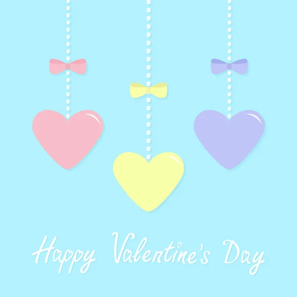 幸せなバレンタインデーの標識記号です ピンクの破線に掛かっている青い黄色紙の心 弓します かわいいグラフィックの図形 フラットなデザイン グリーティング カードが大好きです 分離されました かわいい背景 ベクトル図 — ストックベクタ