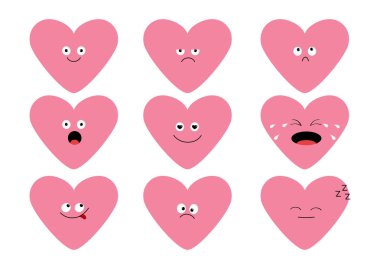 Sevimli pembe kalpler emoji ayarlayın. Komik kawaii çizgi film karakterleri. Duygu koleksiyonu. Mutlu, şaşırmış, gülümseyerek, ağlıyor, üzgün kızgın yüz baş. Beyaz izole.