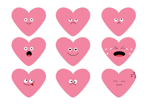 Lindos Corazones Rosas Emoji Conjunto Divertidos Personajes Dibujos Animados Kawaii — Archivo Imágenes Vectoriales