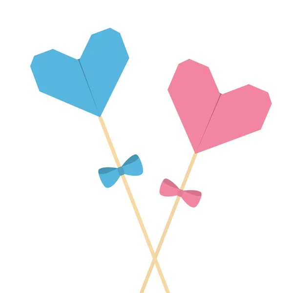 两根心和弓的棍子 粉红色和蓝色柔和的颜色 情人节快乐 爱贺卡模板 平面设计 白色背景 矢量插图 — 图库矢量图片