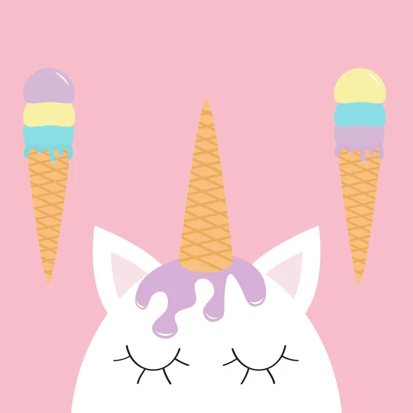Unicorn Head Two Ice Creams Purple Hair Vector Illustration Pink — Stock Vector