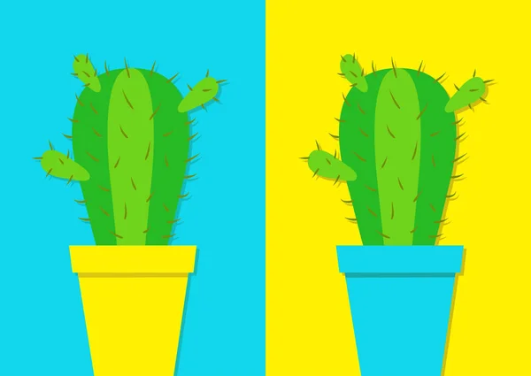 Due Cactus Colorati Vasi Fiori Icone Illustrazione Vettoriale Sfondo Blu — Vettoriale Stock