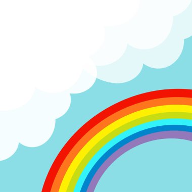 çizgi film rainbow köşesinde mavi gökyüzü, vektör, illüstrasyon kabarık bulutlar ile