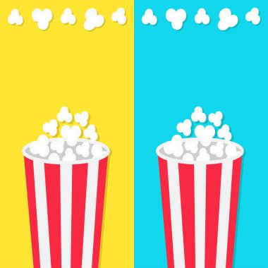 Renkli kağıt bardak mavi ve sarı arka plan, vektör çizim üzerinde patlamış mısır 