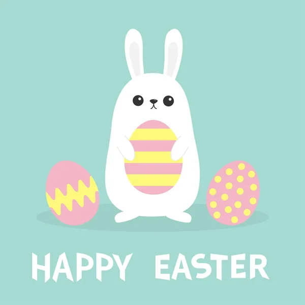 Happy Easter Pocztówkę Charakter Kreskówka Kawaii Ładny Biały Królik Trzymając — Wektor stockowy