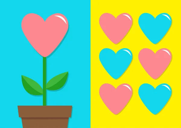 Rosa Und Blaues Herz Icon Set Mit Blumentopf Happy Valentines — Stockvektor
