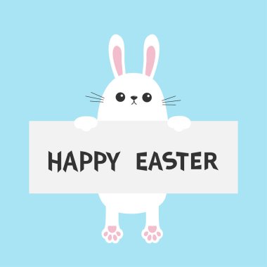 Mavi arka plan, vektör çizim kağıt Pano şablonunda asılı beyaz tavşan tavşan