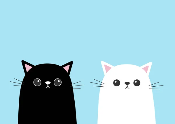 Svart Vit Söt Katt Kattunge Ansikte Blå Bakgrund Vektorillustration — Stock vektor