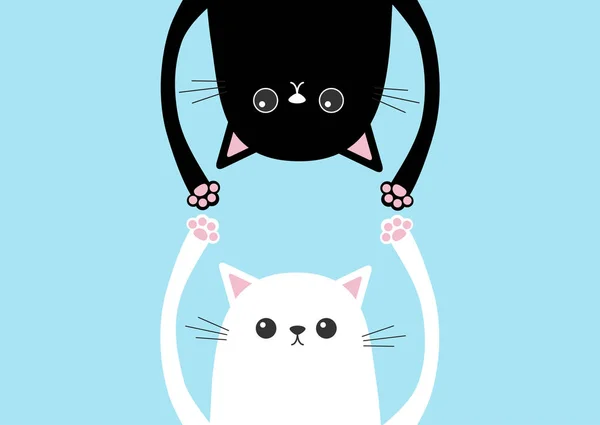 Black Funny Cat Head Silhouette Hanging Upside Blue Background Vector — Stock Vector