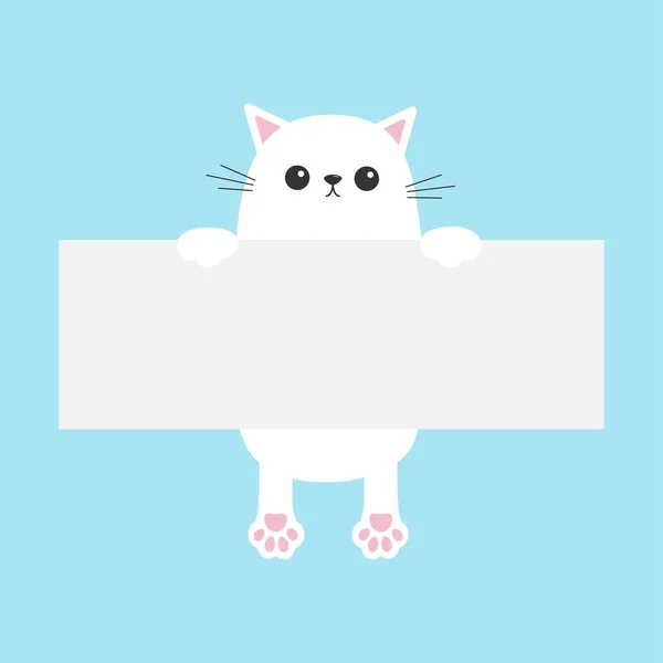 青の背景 ベクトル図に紙ボード テンプレートに掛かっている白い面白い猫 — ストックベクタ