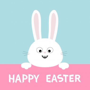 Pembe kağıt tahtaya asılı beyaz tavşan. Vektör çizim 