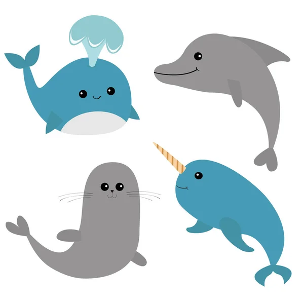 Ocean Sada Zvířata Modrá Velryba Delfín Narvala Těsnění Vektorové Ilustrace — Stockový vektor
