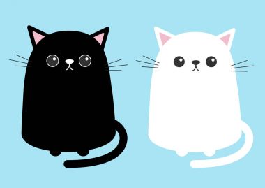 Siyah ve beyaz sevimli kediler oturuyor. Vektör çizim 